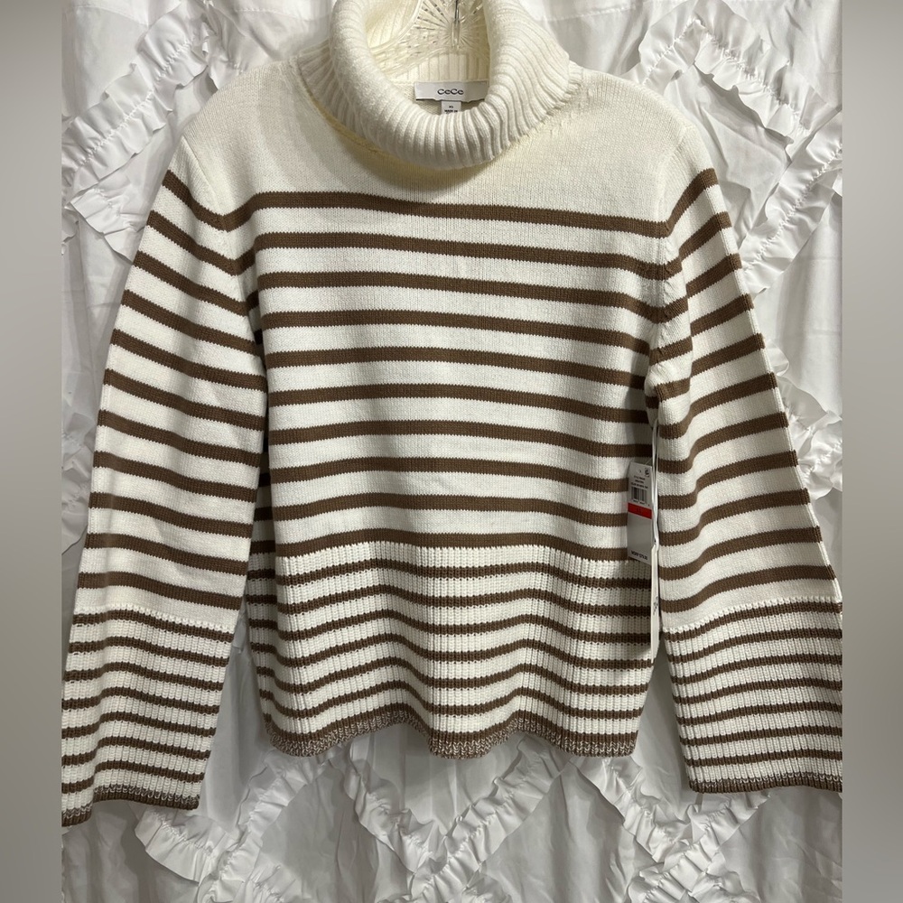 CeCe Striped Turtleneck Sweater - Cream and Tan NWT